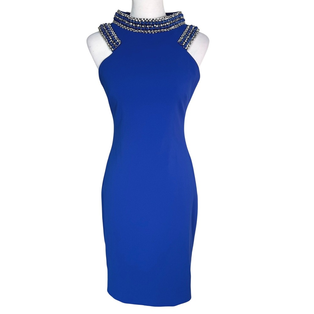 BADGLEY MISCHKA Women's 2 Royal Blue Beaded Rhinestone Neckline Sheath Dress